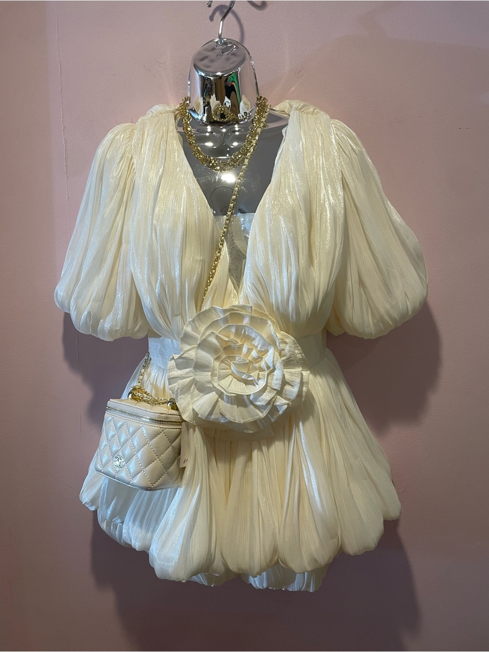 Ivory Puff Sleeve Pleated Mini Dress with Floral Waist Accent NWT